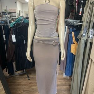 Strapless Midi Skirt Set with Heart Ring Detail - Taupe